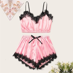 Satin Silk Pajamas Set Women Sexy Lace Sleepwear Summer Hot