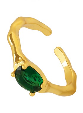 Ins Style Brass Material Ring Inlaid Emerald Oval Zircon Nic