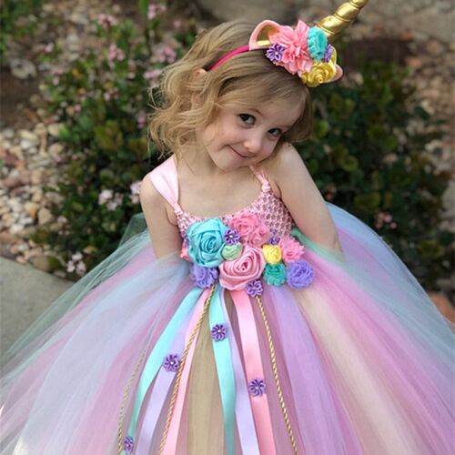 Girls Pastel Unicorn Flower Tutu Dress Kids Crochet Tulle St