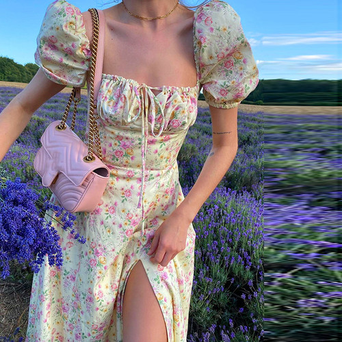 Womens Flowers Puff Sleeve Midi Dress Summer Sweet Vintage