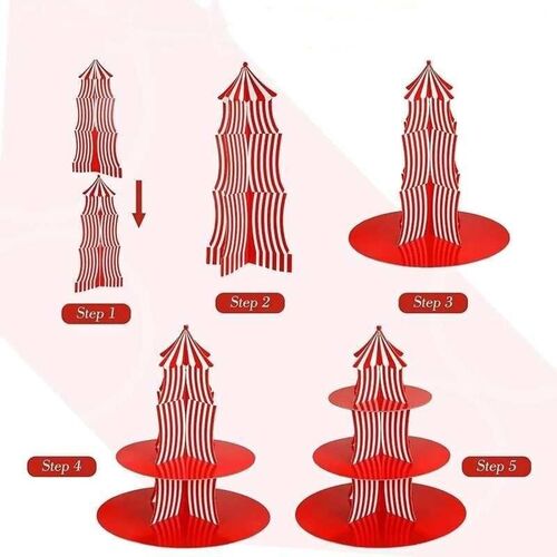 1Set 3 Tier Circus Carnival Paper Cupcake Stand Red Striped
