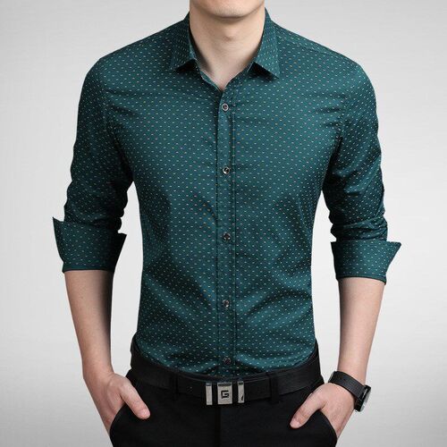 Spring Autumn Mens Casual Printed Shirt Long Sleeve Slim Fit