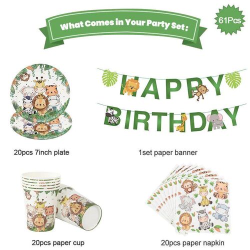 61Pcs Jungle Animal Disposable Tableware Set Paper Plate Cup