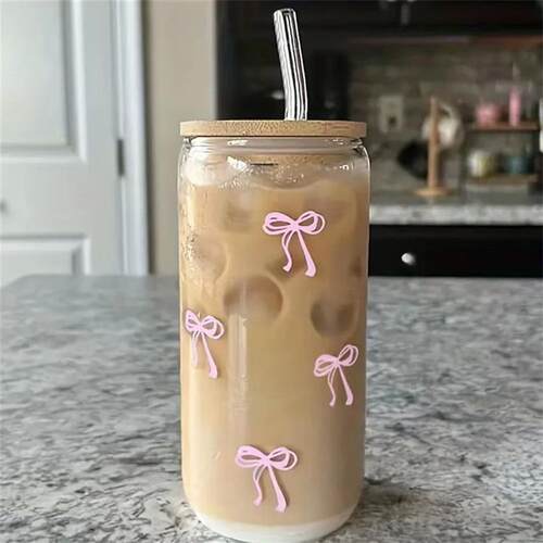 500ml Pink Bow Cute Glass Cups with Lids and Straw Tumbler G
