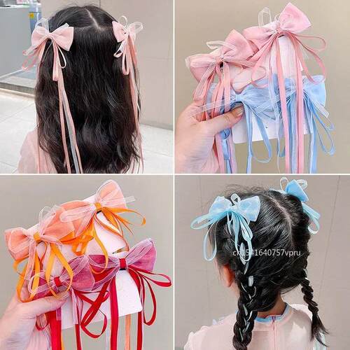 1 Pair Fashion Fairy Ribbon Bow Hairpins For Kids Long Ribbo