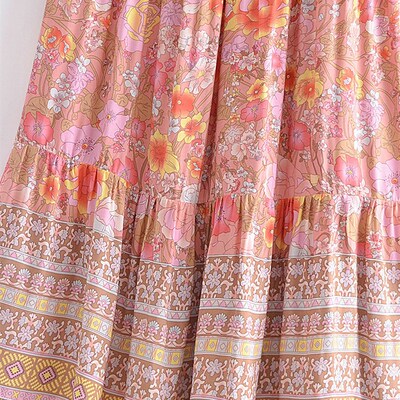 Happie Queens Women Pink Floral Print Beach Bohemian Skirt H