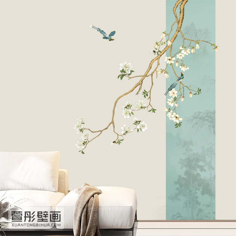中式玉兰花鸟淡雅墙布现代客厅沙发电视背景墙纸卧室床头定制壁画,家装主材,定制壁画,淘宝优惠券,粉丝福利购,淘宝优惠卷