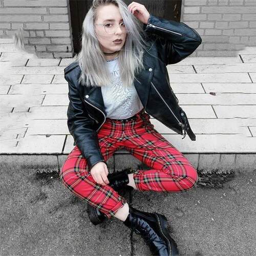 Plaid Pants Women Streetwear Cool Girl High Waist Trousers h