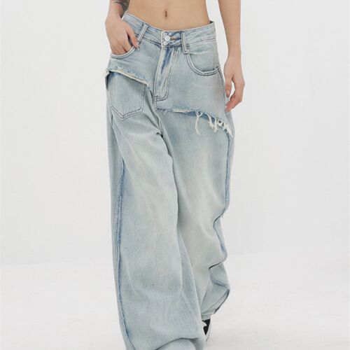 Women Retro Wash Straight High Waist Jean Trousers Baggy Rip