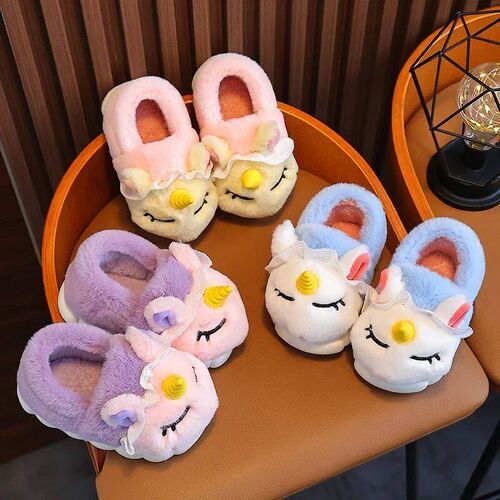 Winter Wrap Heels Kids Plush Slippers Cartoon Unicorn Childr