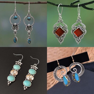Boho Dangle Earrings for Women Vintage Selenite Turquoise Dr