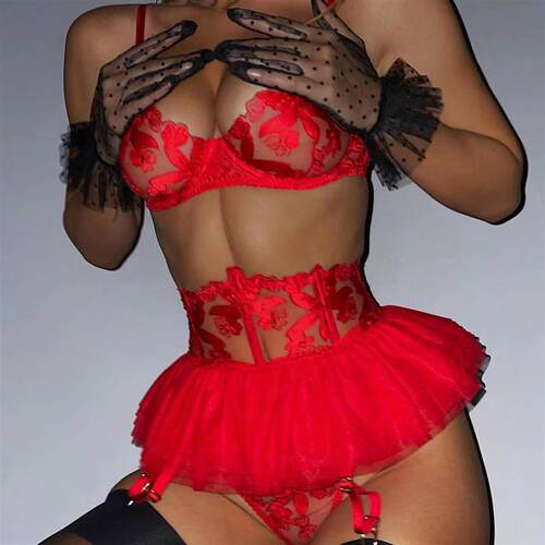 Embroidered Underwear and Garter Set 绣花吊袜带三件套
