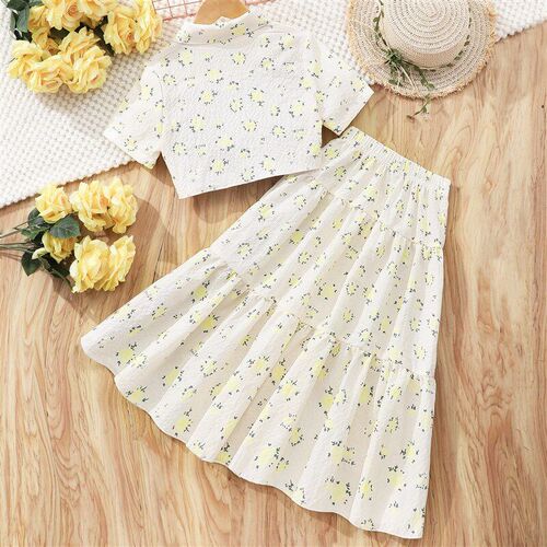 Girls Big Kids Short Sleeve Collared Floral Print Skirt Set