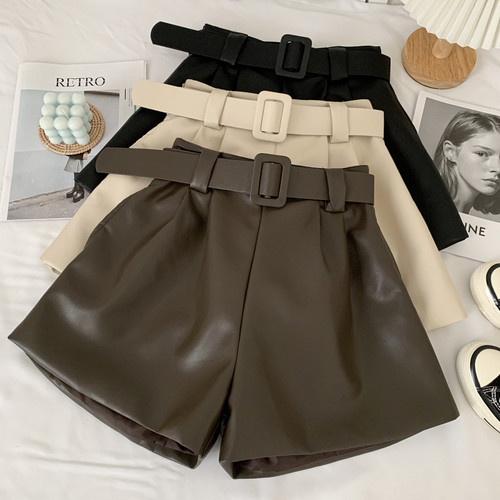 2022 New PU Leather Shorts Women Shorts All-match Sashes Wid