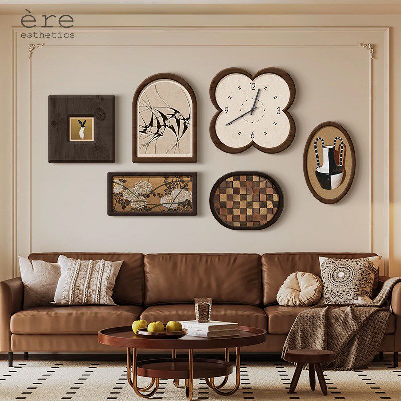 法式复古风沙发背景墙装饰画带钟表美拉德中古风客厅挂画时钟