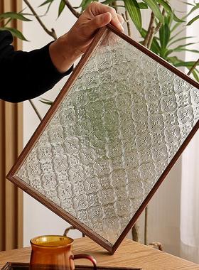 复古绿色压花海棠花玻璃托盘实木托盘咖啡盘家用茶托装饰收纳盘子