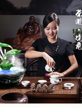 创意桌面鱼缸流水摆件陶瓷喷泉公室客厅风水轮转运球开业小礼品