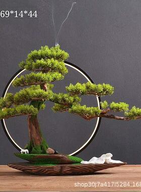 仿真迎客松摆件盆景中式禅意灯圈新中式客厅玄关装饰软装家居香炉