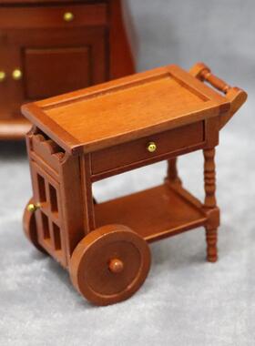 1:12娃娃屋dollhouse迷你家具微缩场景棕色复古餐厅手推餐车