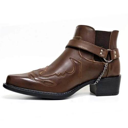 Mens Vintage Cowboy Boots Leather High Top Chain Buckle Str