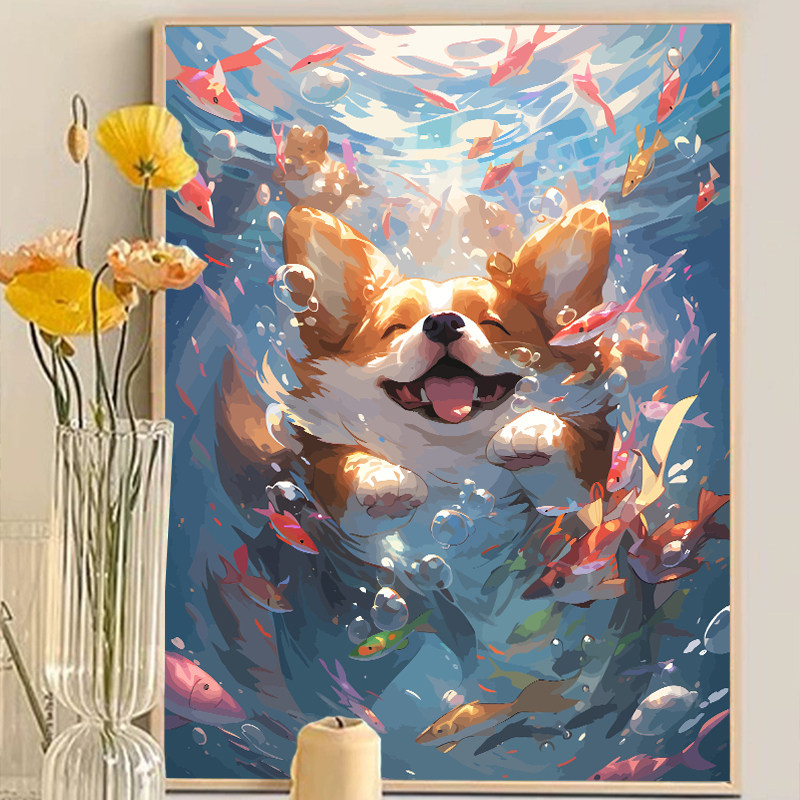 夏日小狗戏水柯基柴犬数字油画diy填充涂色儿童手工绘油彩装饰画,家居饰品,DIY/数字油画,淘宝优惠券,粉丝福利购,淘宝优惠卷