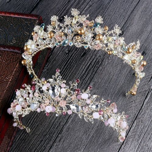 Luxury Pink Crystal Pearls Bridal Crowns Handmade Tiaras Bri