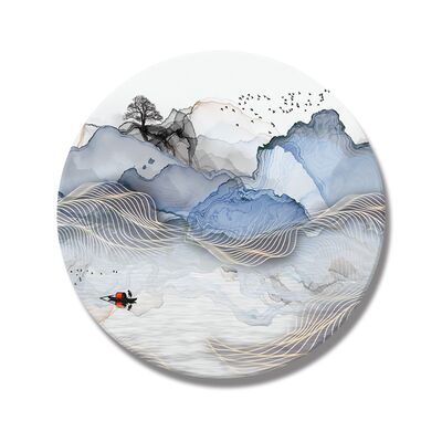 面人造大理石定制中式山水屏风隔断玄关园林装饰圆方形石岩板画