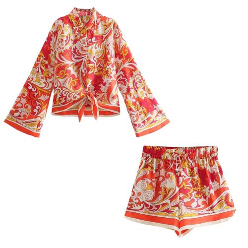 Willshela Summer Two Piece Set Woman Printed Cropped Shirt