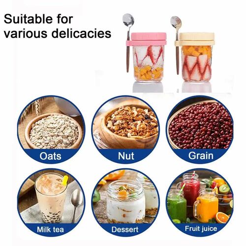 2Pcs Glass Overnight Oats Containers With Spoon Oatmeal Cup