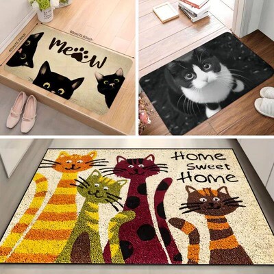 Cats Sweet Home Pattern Mat Welcome Floor Decor Carpet Non-