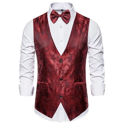 Wine Red Jacquard Suit Vest Mens Business Banquet Wedding P
