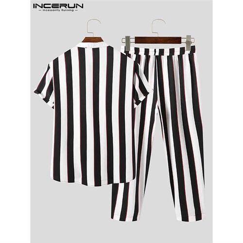 Men Striped Sets Sreetwear Fashion Lapel Short Sleeve Shirt