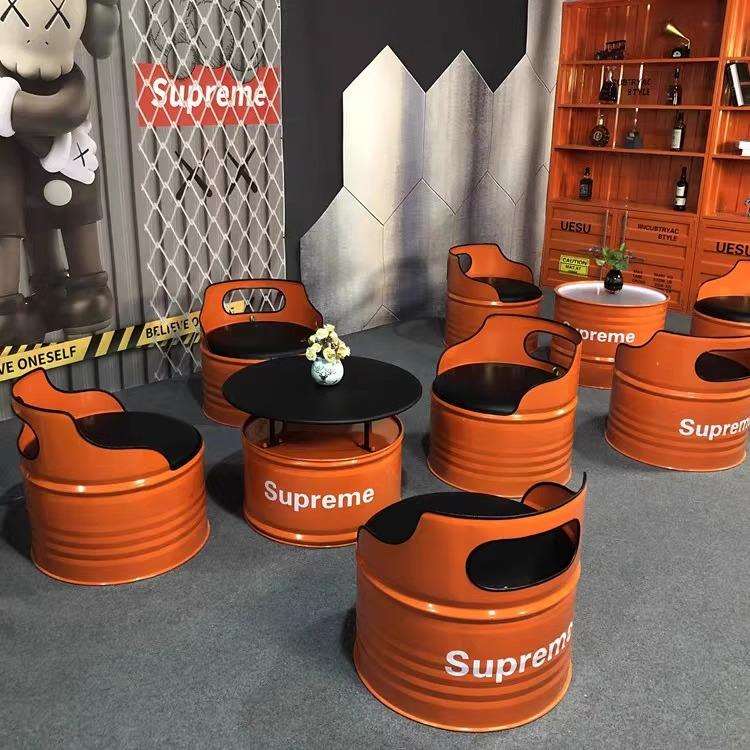 工业风油桶沙发酒吧卡座奶茶店办公室休息区铁艺茶几桌椅组合餐桌