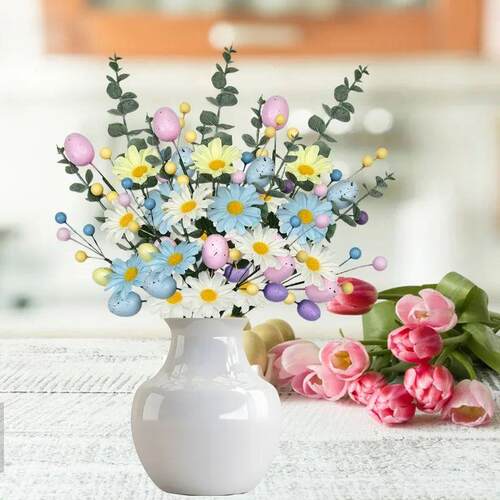 1-10PCS Easter Egg Floral Stems Artificial Daisy Eucalyptus