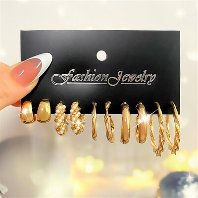 Fashion Gold Color Earrings Set Geometry Butterfly Pearl Ear