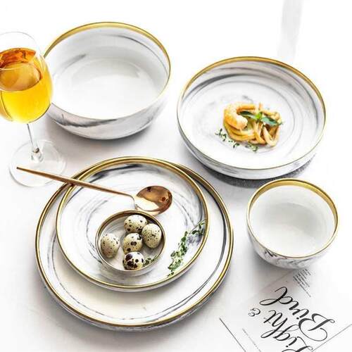 Marble - gilt ceramic western tableware set, bowl, plate