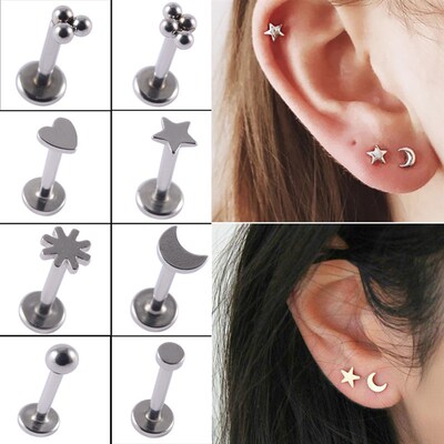 2PCS Surgical Steel Heart Ear Tragus Cartilage Piercing Mix