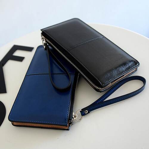 Womens Vintage Oil Wax Leather Zipper Clutch Wallet Female