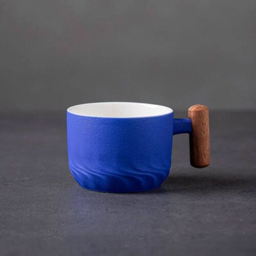 Blue Ceramic Coffee Mug Retro Wooden Handle Filter Tea Mug O