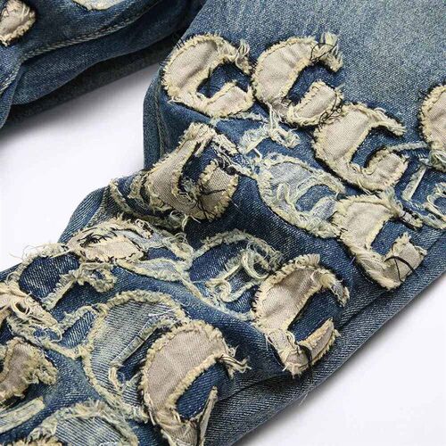 Men Letters Patch Embroidery Denim Jeans Streetwear Release