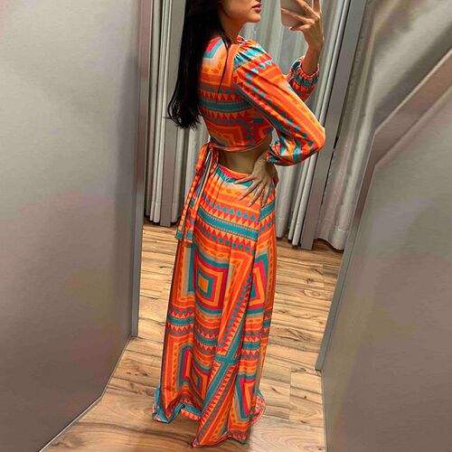 Spring Summer Waist Hollow Long Sleeve Maxi Dress  Deep
