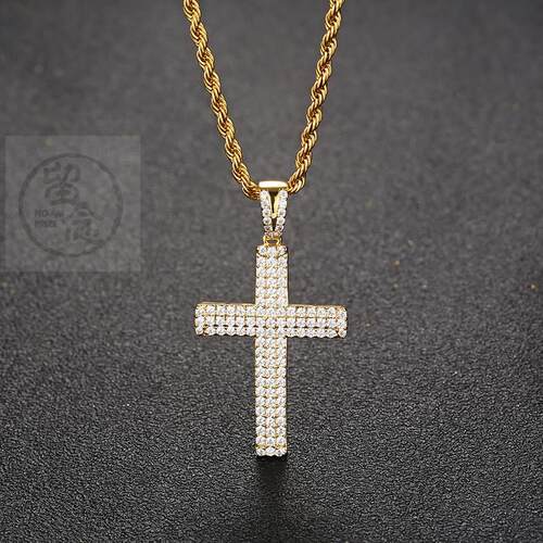 -Rock Hip Hop Set 3AAA Zircon Three Row Full Diamond Cross P