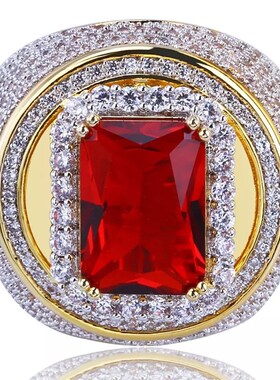 Hot Fashion Big Male Wide Red Zircon Stone Geometric Ring  Y