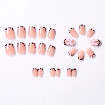 24Pcs Gold Ripple Brown Flowers False Nails with Rhinestones