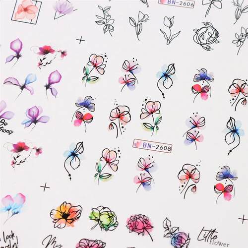 12 pcs Nail Sticker Set Summer Water Decal Nail Art Ink Flow