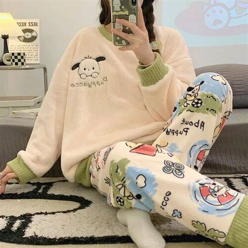 Transborder Flannel Pyjamas Womens Autumn Winter Round Neck