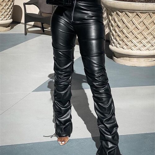 JusaHy Faux PU Leather Pleated High Waist Black Stacked Pant