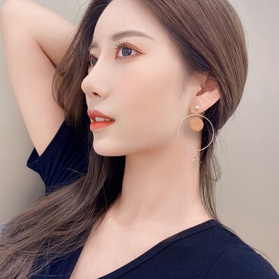 Vintage Handmade Asymmetrical Hoop Leaf Drop Earrings Korean