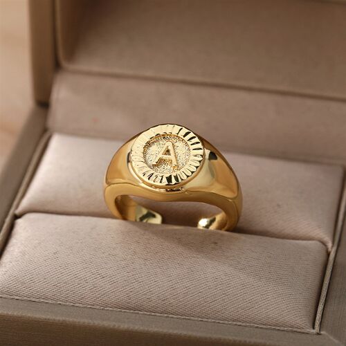 Vintage Initial Letter Signet Rings For Women Stainless Stee