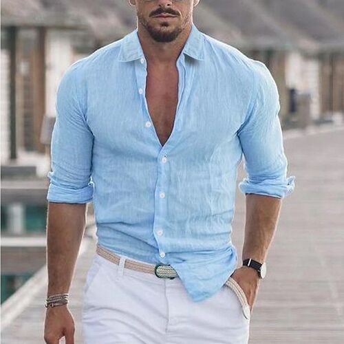 Summer 2025 Mens Cotton Linen Collared Beach Shirt Long Slee
